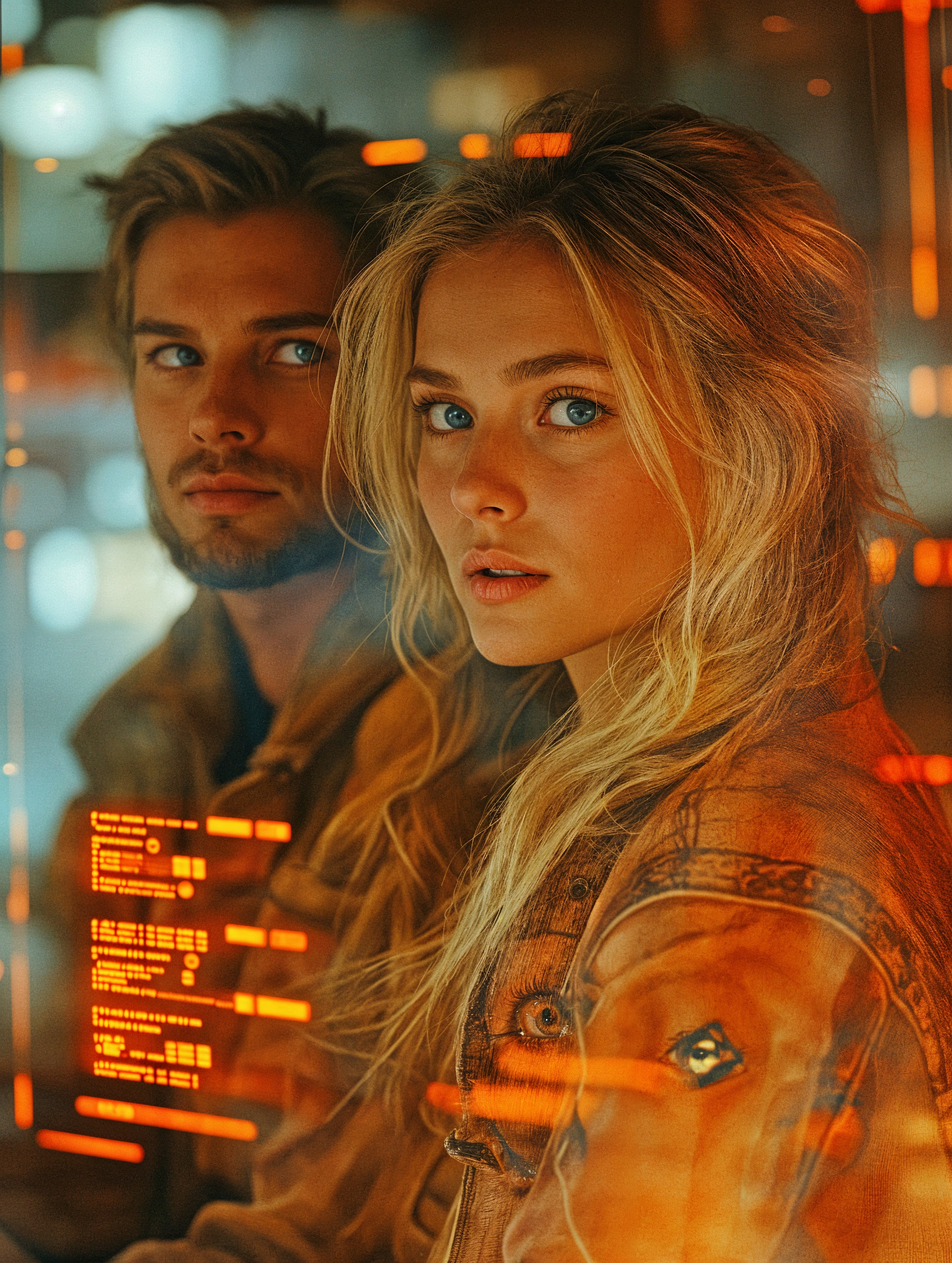 A futuristic couple reflected in neon cyber-glass, gazing into digital realms.