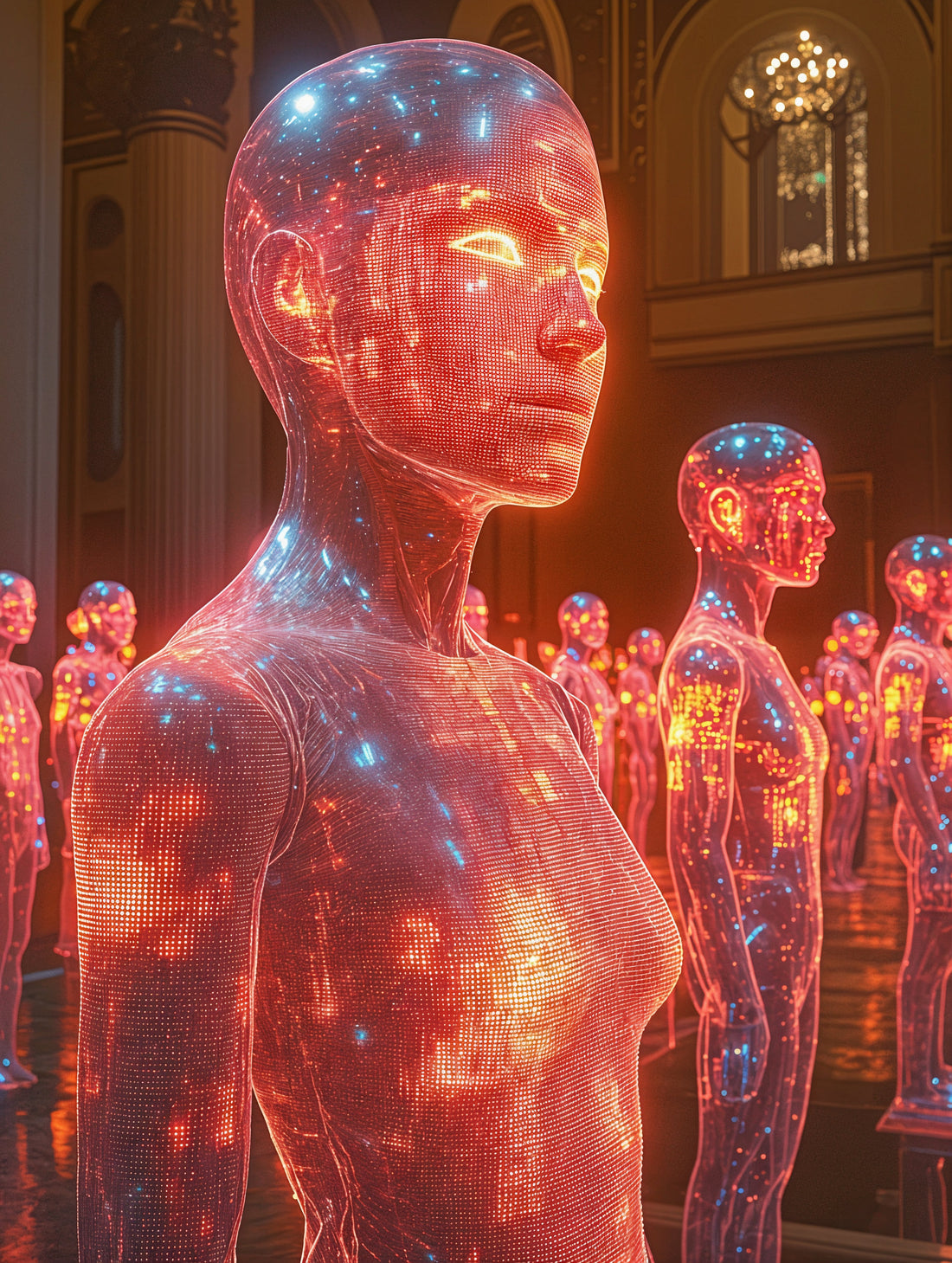AI-generated humanoid forms illuminated by data streams and neon lights.