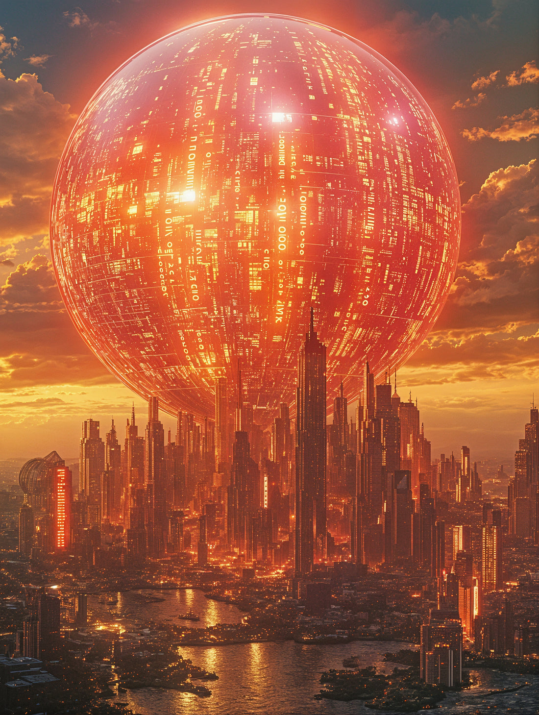 Futuristic golden-lit metropolis under a radiant sphere in a cyber world.