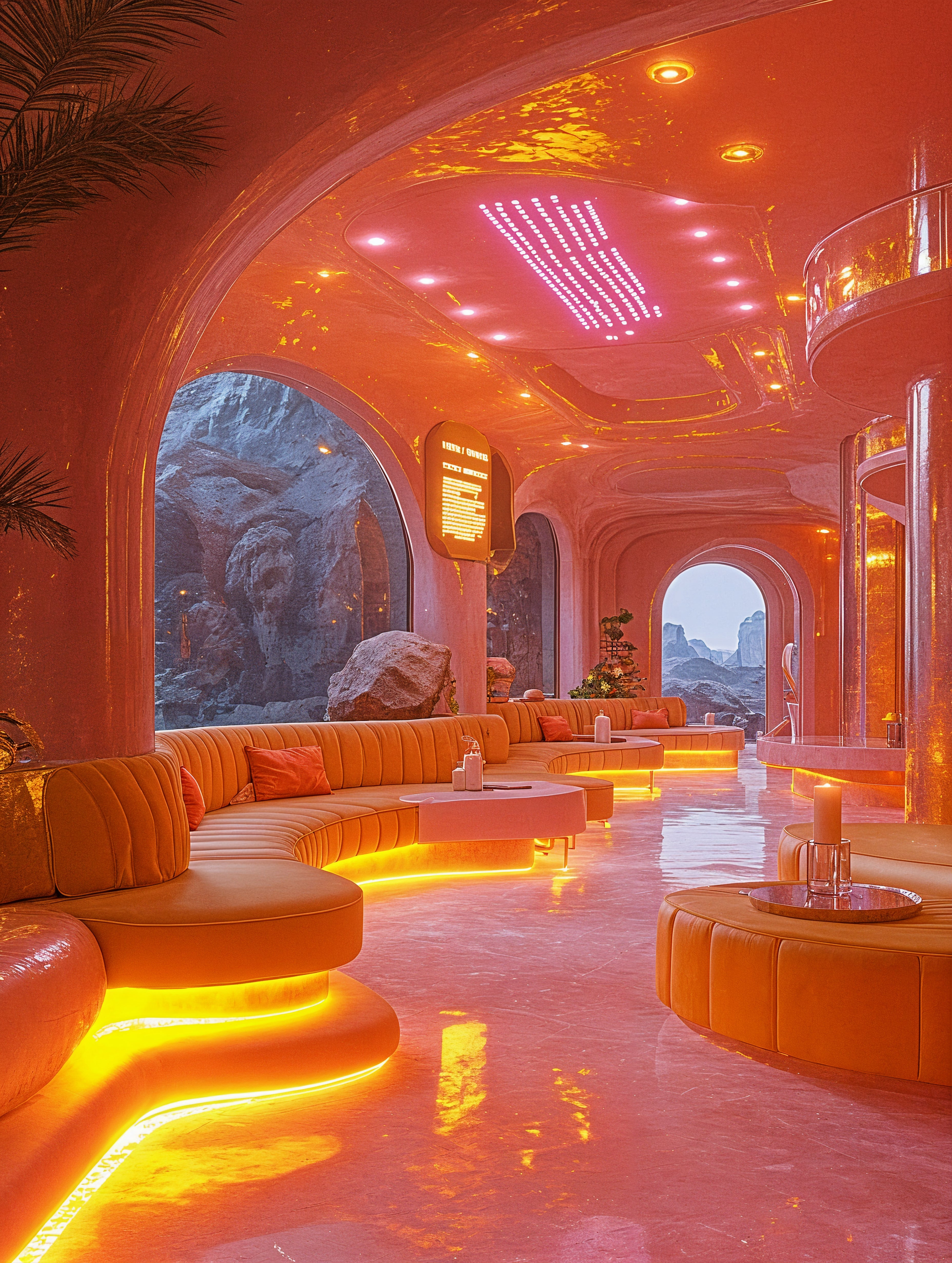 Opulent golden interior with futuristic neon lighting and luxury ambiance.