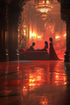 A luxurious bedroom chamber filled with glowing red mist, dark figures, and golden chandeliers surrounding the Serpent Queen.