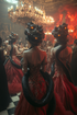 Women in red gowns and serpent headpieces standing elegantly in the grand ballroom at the Serpent Queen’s masquerade.