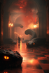 Massive black and red serpents with glowing eyes slithering through a grand hallway filled with red mist and golden chandeliers.