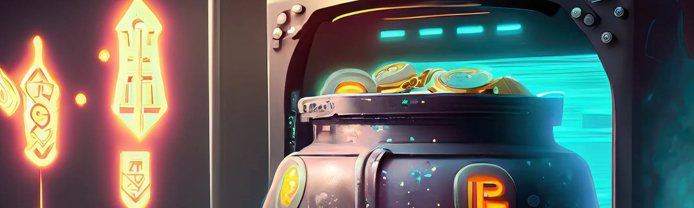 An image of a cauldron filled with crypto coins entering a door. 