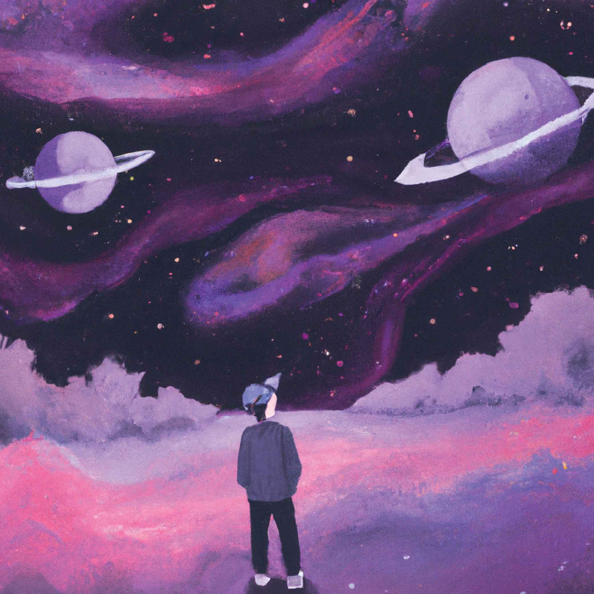 A man standing in space looking at the purplish universe skies and the planets.