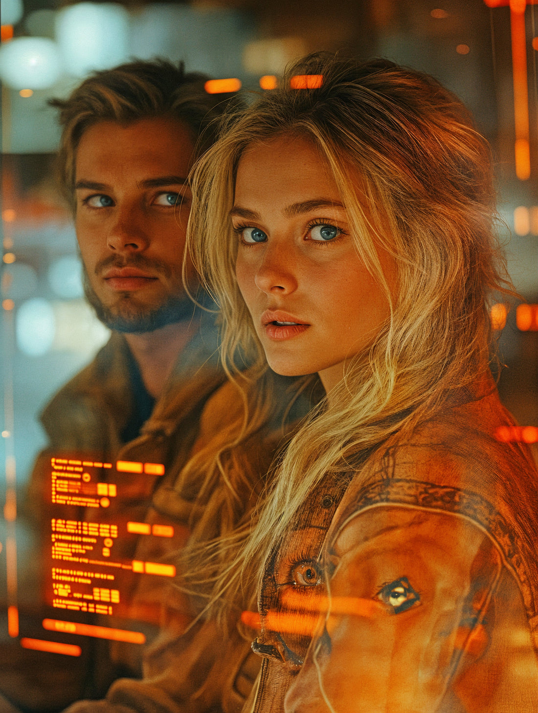 A futuristic couple reflected in neon cyber-glass, gazing into digital realms.
