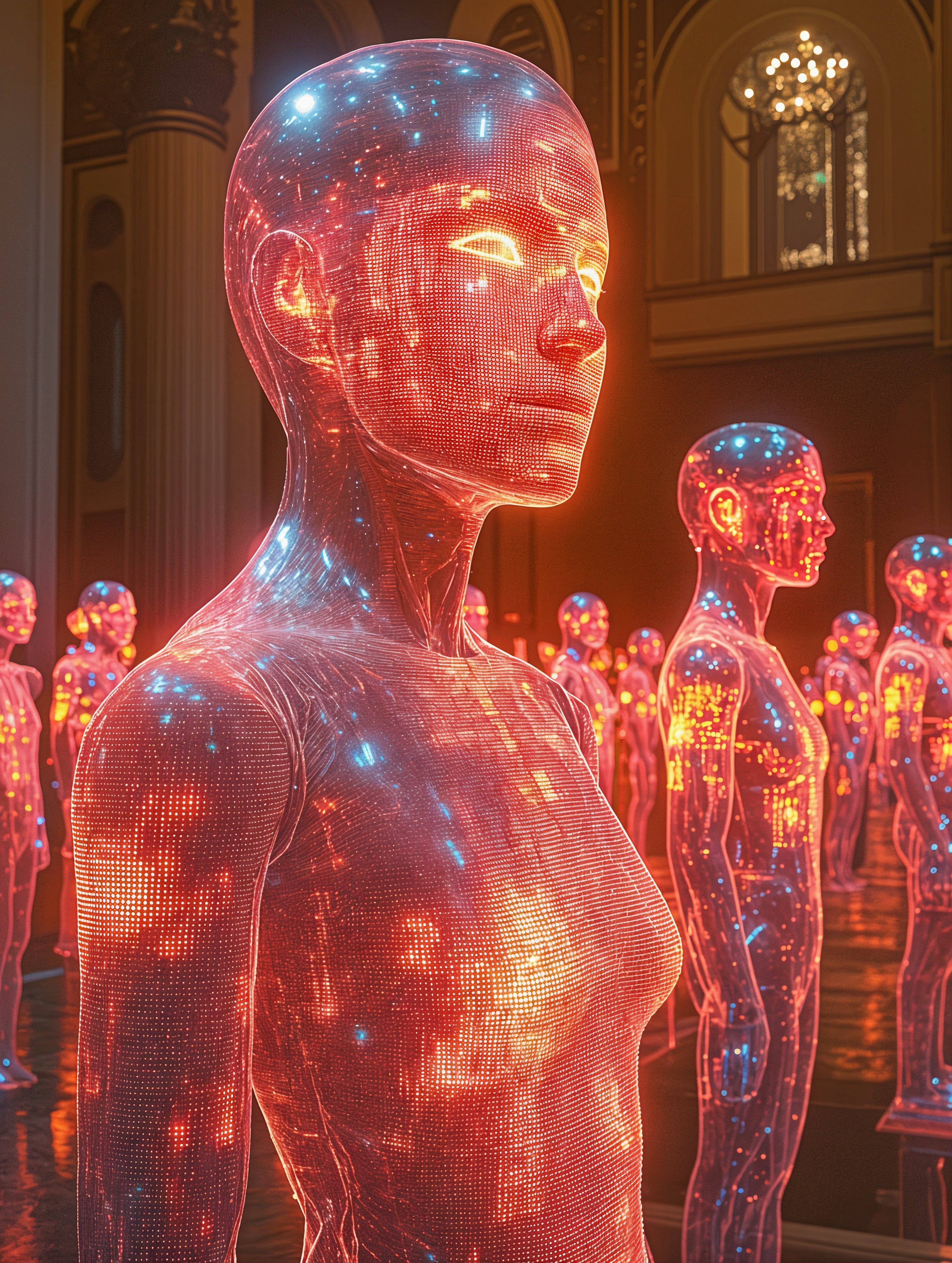 AI-generated humanoid forms illuminated by data streams and neon lights.