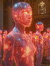 AI-generated humanoid forms illuminated by data streams and neon lights.