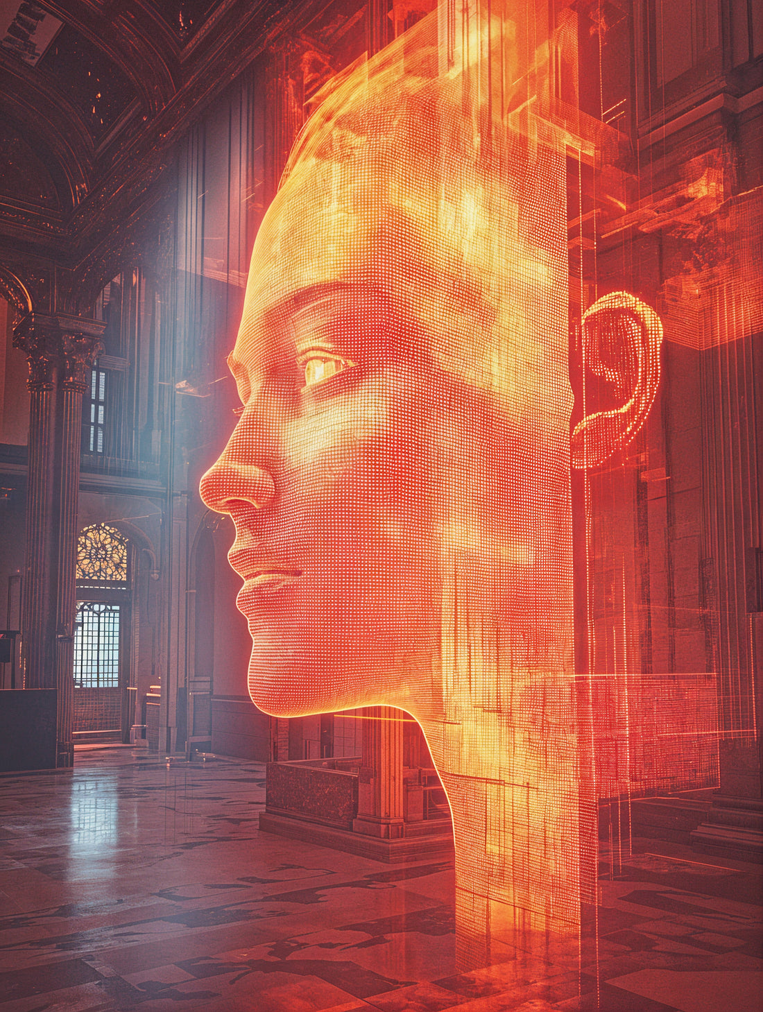 A futuristic structure built from holographic lights and digital reflections.