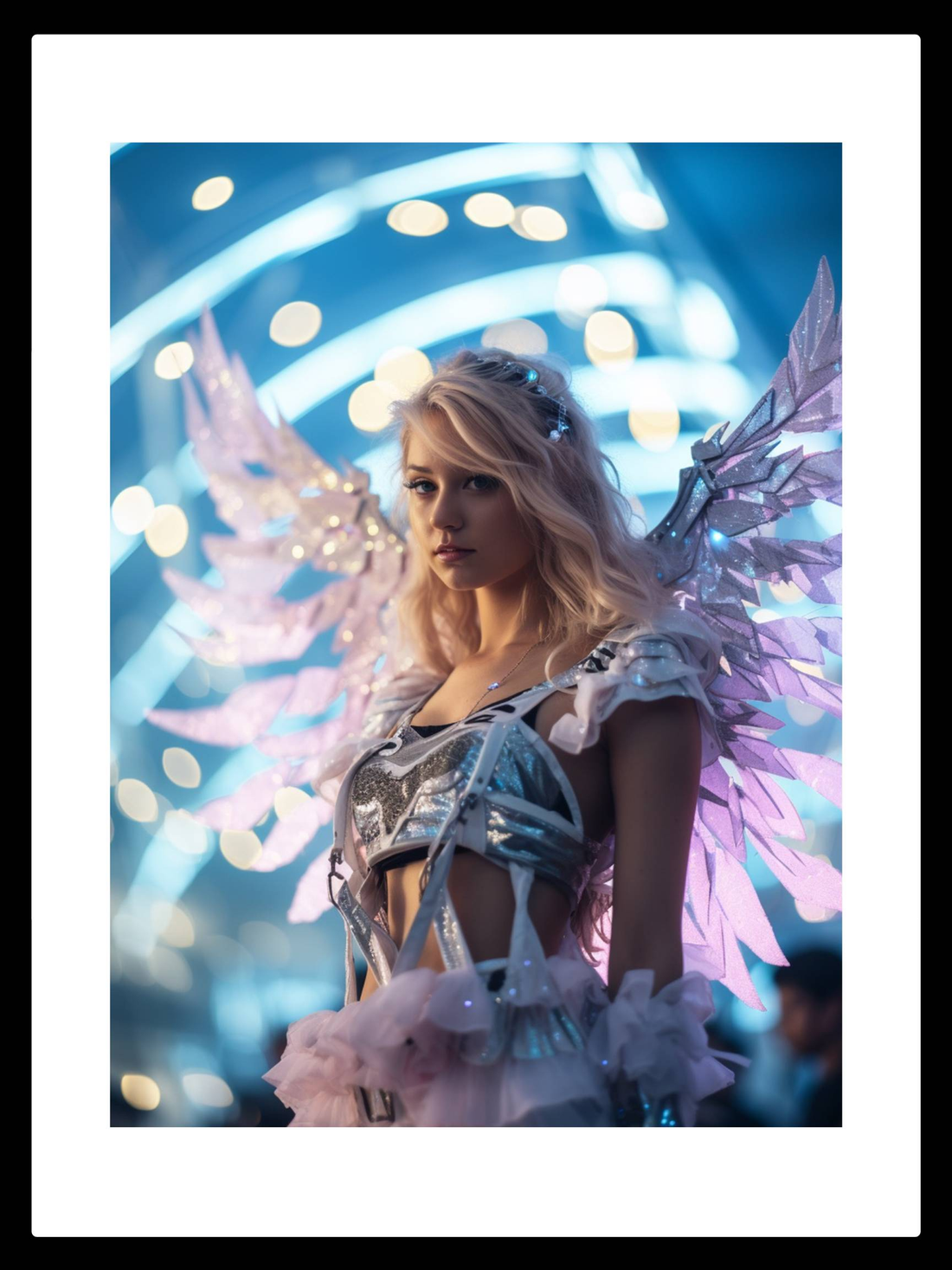 A lone angelic figure with soft pink wings radiates tranquility and beauty in this poster art, capturing the essence of a dreamlike festival