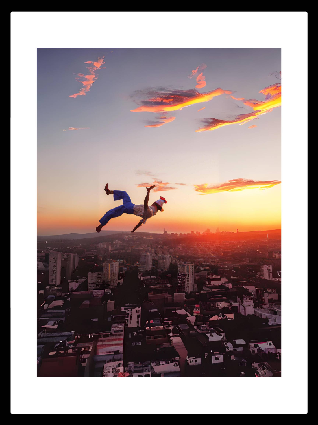 Cityscape Acrobat poster art featuring a clown ascending playfully against a backdrop of skyscrapers at sunset, embodying the joy and freedom of urban adventures.