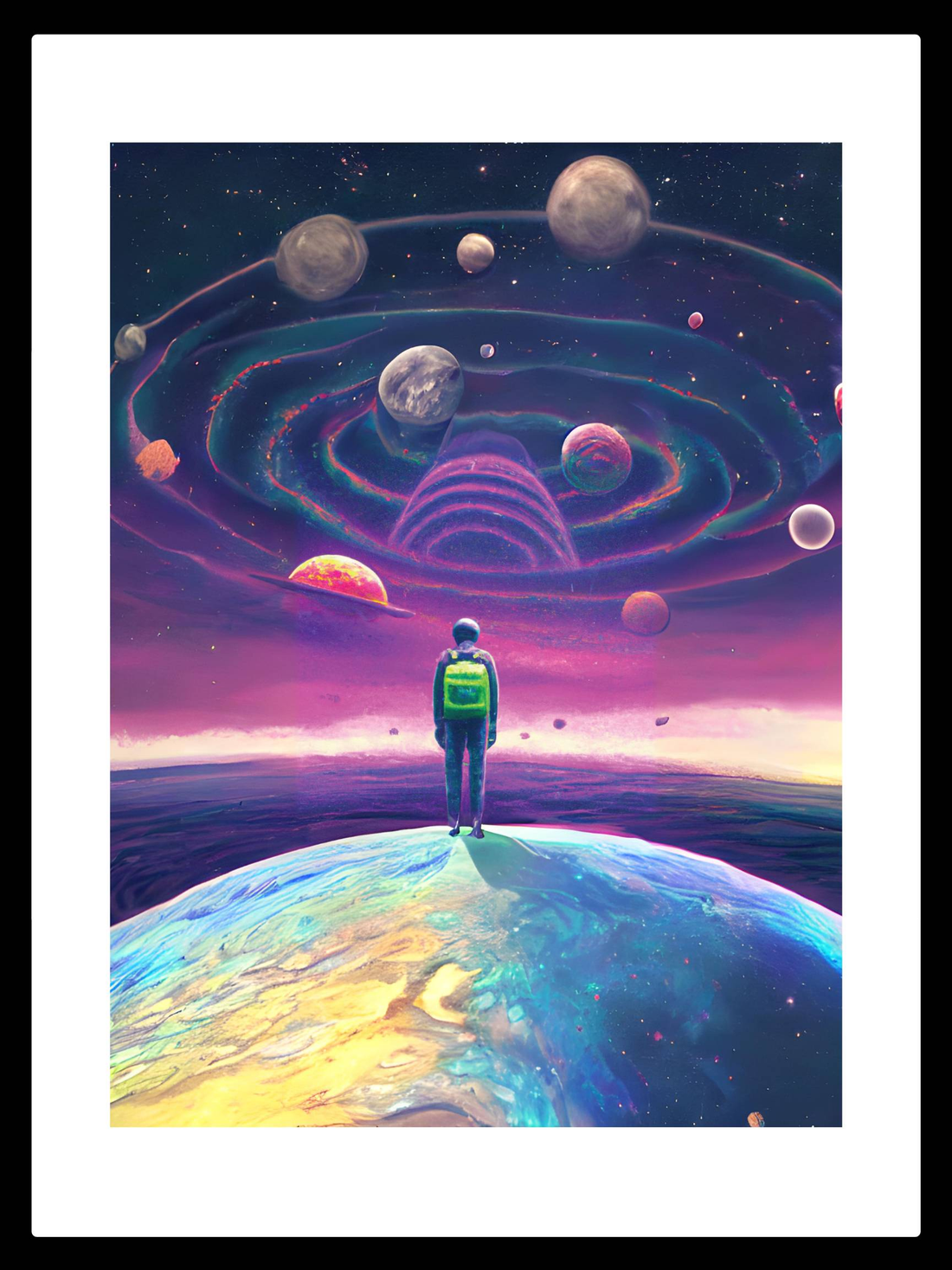 A figure gazes outwards to the majestic dance of planets in space, encapsulated in this artwork that invites viewers on a silent cosmic journey.