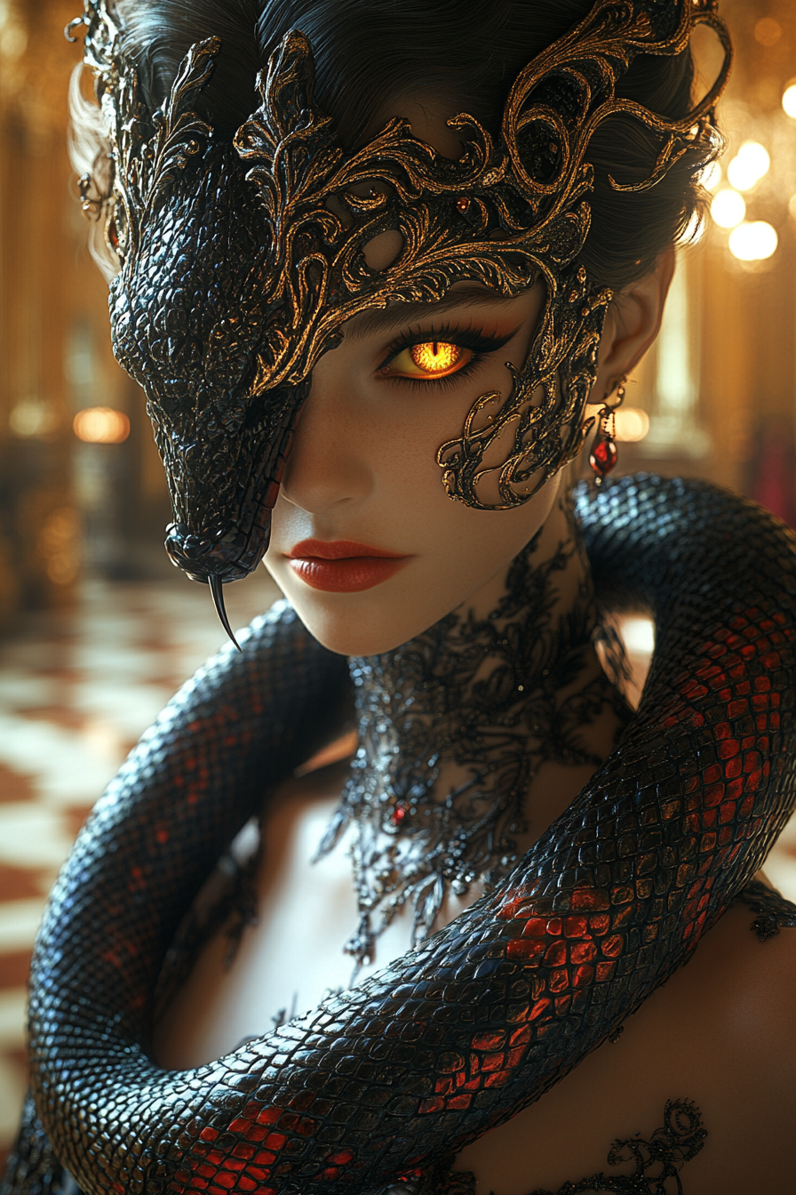 The Serpent Queen wearing a golden mask intertwined with a black and red serpent, standing in an opulent ballroom with glowing yellow eyes.