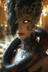The Serpent Queen wearing a golden mask intertwined with a black and red serpent, standing in an opulent ballroom with glowing yellow eyes.