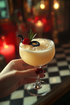A close-up of a cocktail decorated with a small black snake wrapped around a cherry, set in a luxurious ballroom.