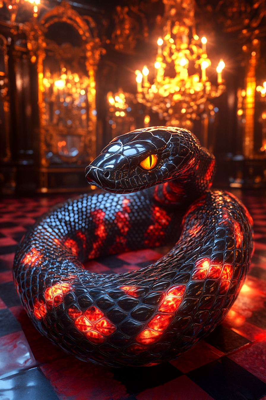 A close-up of a coiled black and red serpent with glowing yellow eyes, resting on a checkered floor in a luxurious mirrored ballroom.