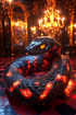 A close-up of a coiled black and red serpent with glowing yellow eyes, resting on a checkered floor in a luxurious mirrored ballroom.