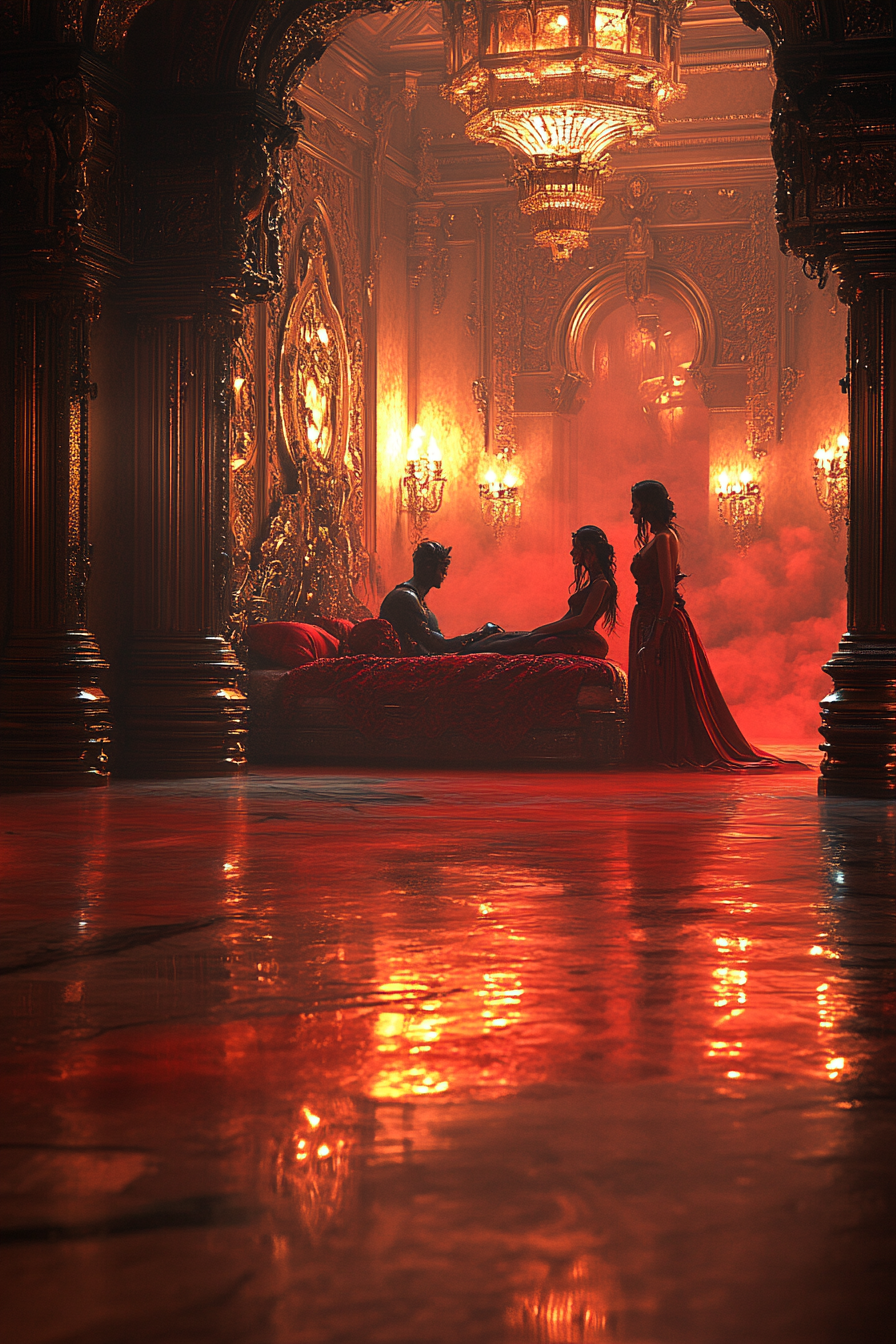 A luxurious bedroom chamber filled with glowing red mist, dark figures, and golden chandeliers surrounding the Serpent Queen.