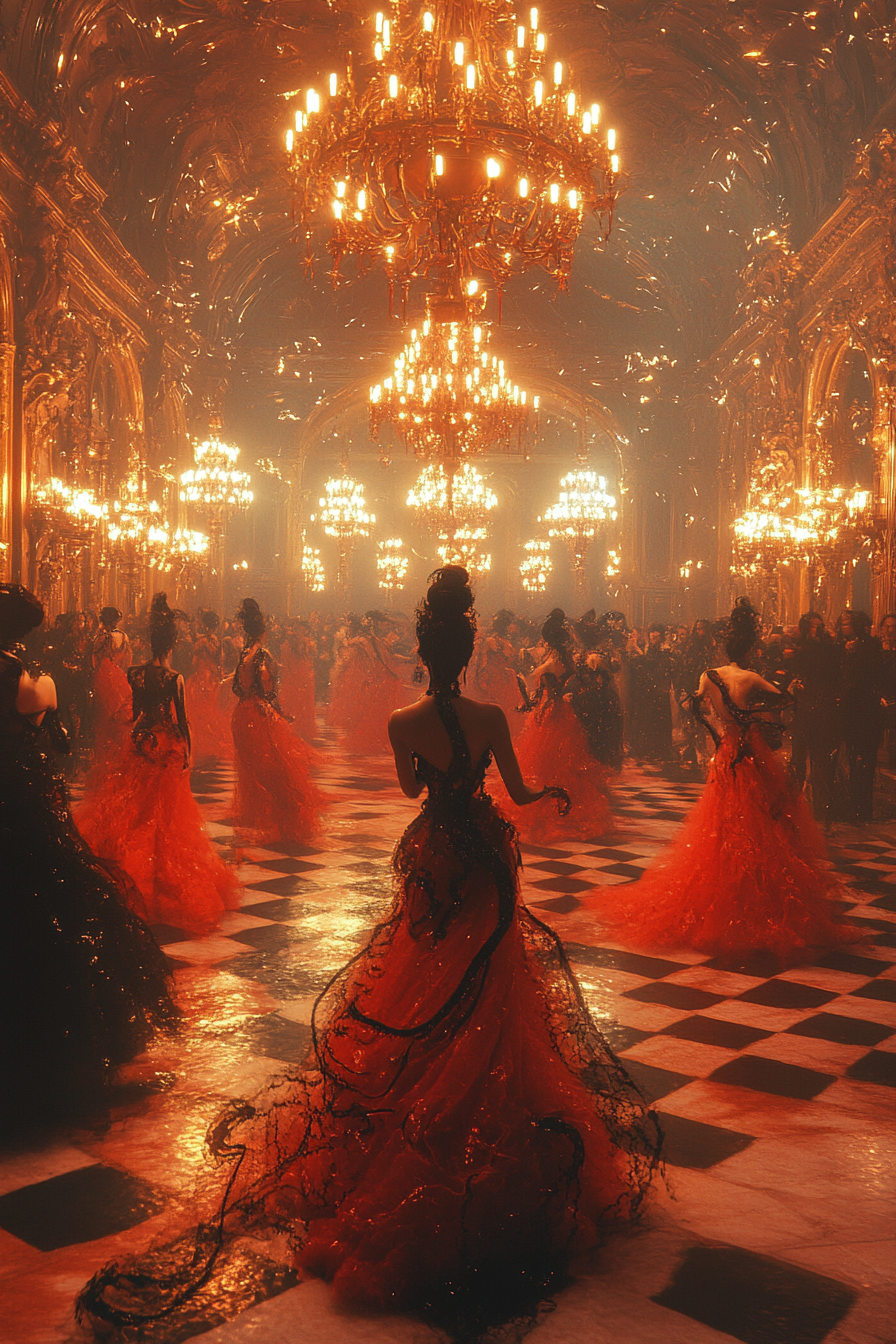 Guests in lavish red gowns and black attire dancing beneath chandeliers with massive black and red serpents coiling around them on a checkered floor.