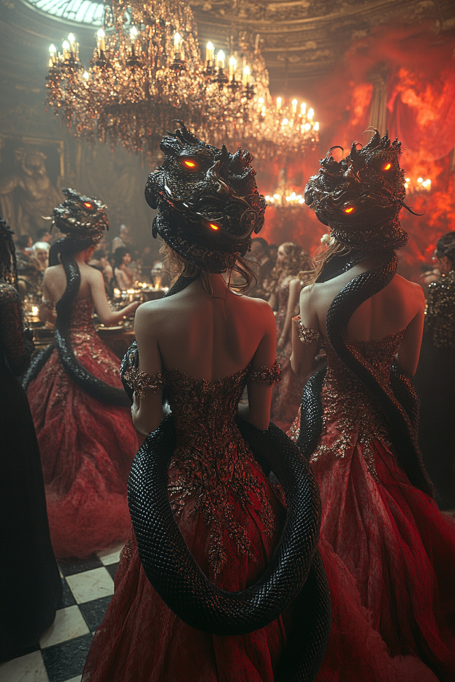Women in red gowns and serpent headpieces standing elegantly in the grand ballroom at the Serpent Queen’s masquerade.