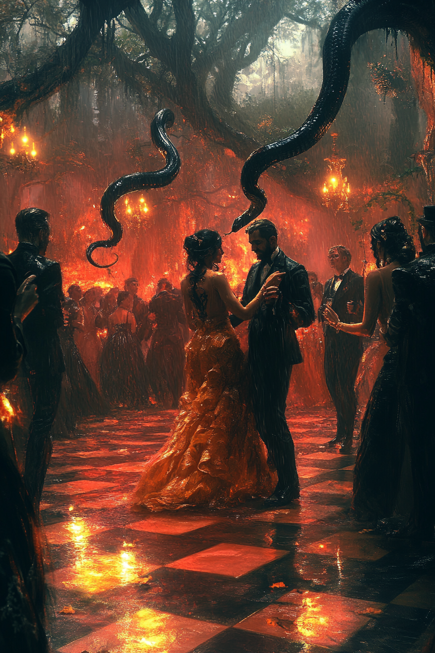 A couple dancing in an enchanted garden surrounded by black serpents and glowing red mist, under magical golden lights.