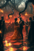 A couple dancing in an enchanted garden surrounded by black serpents and glowing red mist, under magical golden lights.