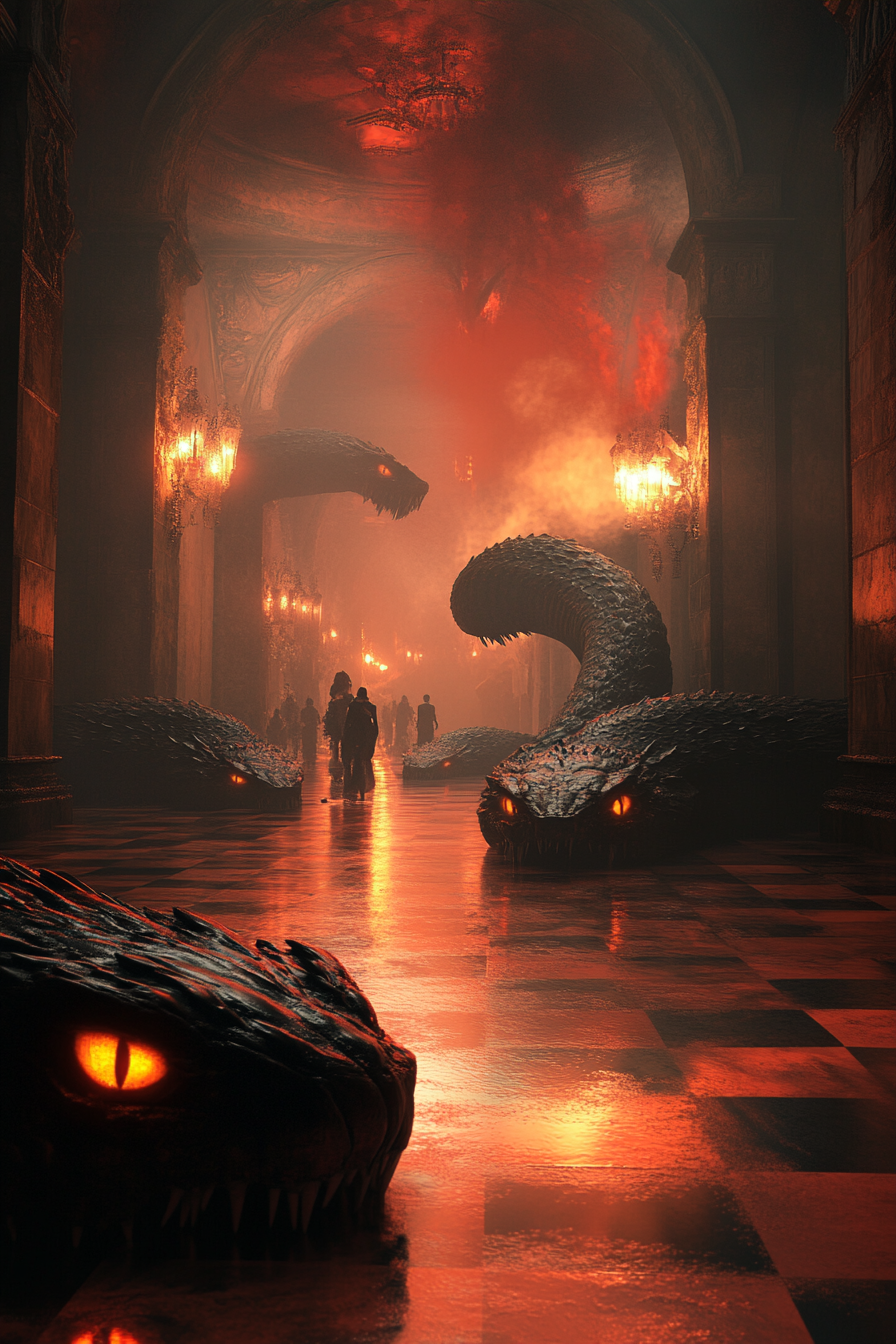 Massive black and red serpents with glowing eyes slithering through a grand hallway filled with red mist and golden chandeliers.