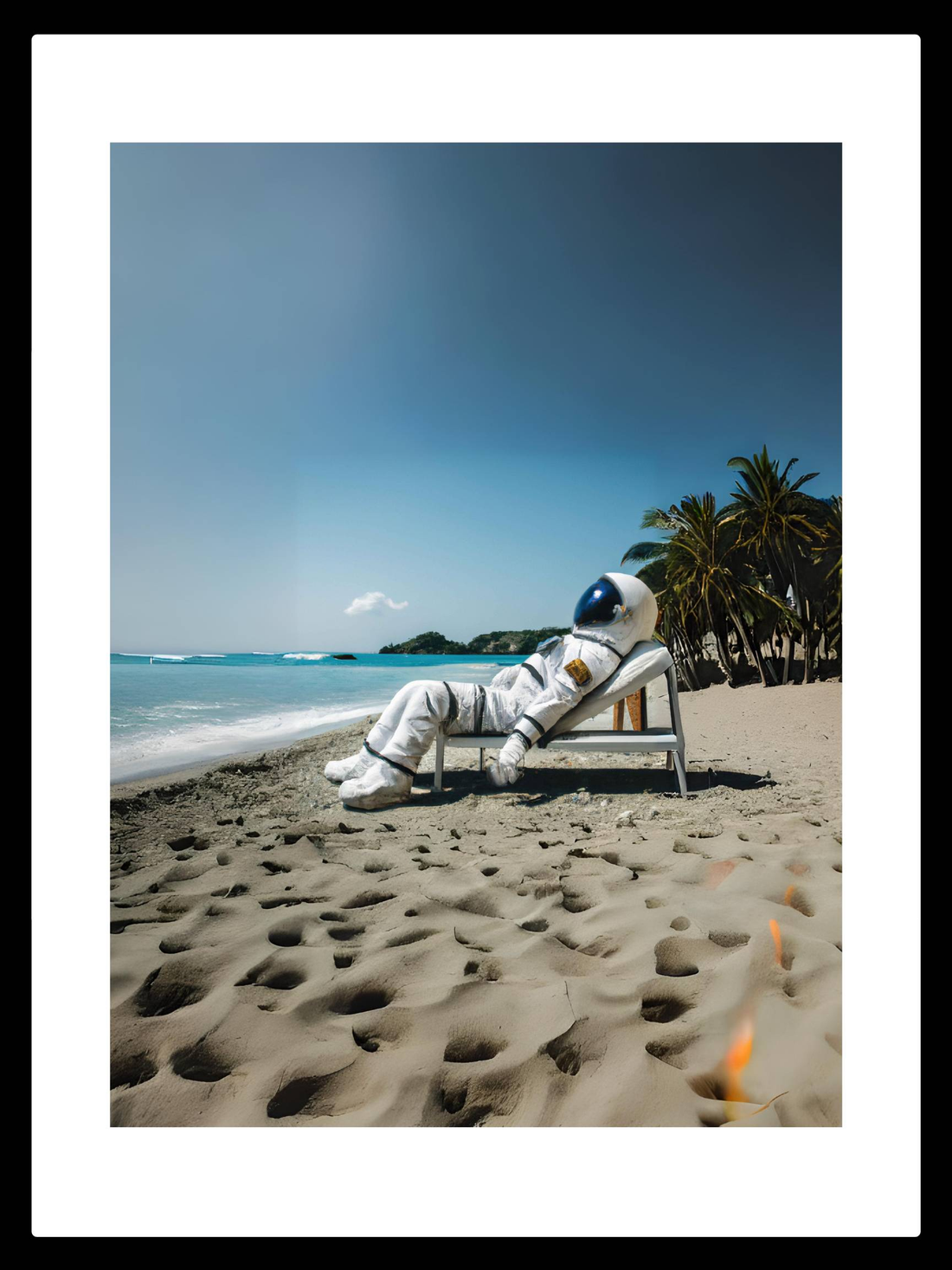 An astronaut in a sunned on a beach with greyish sand and turquoise waters. 